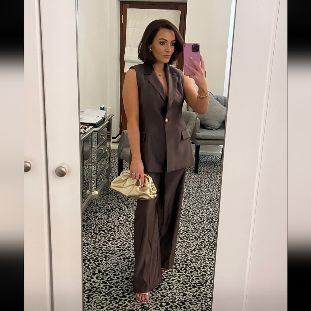 Zara 2 Pc Set Vest & Straight Pants Satin Effect Mocha - Picture 3 of 17